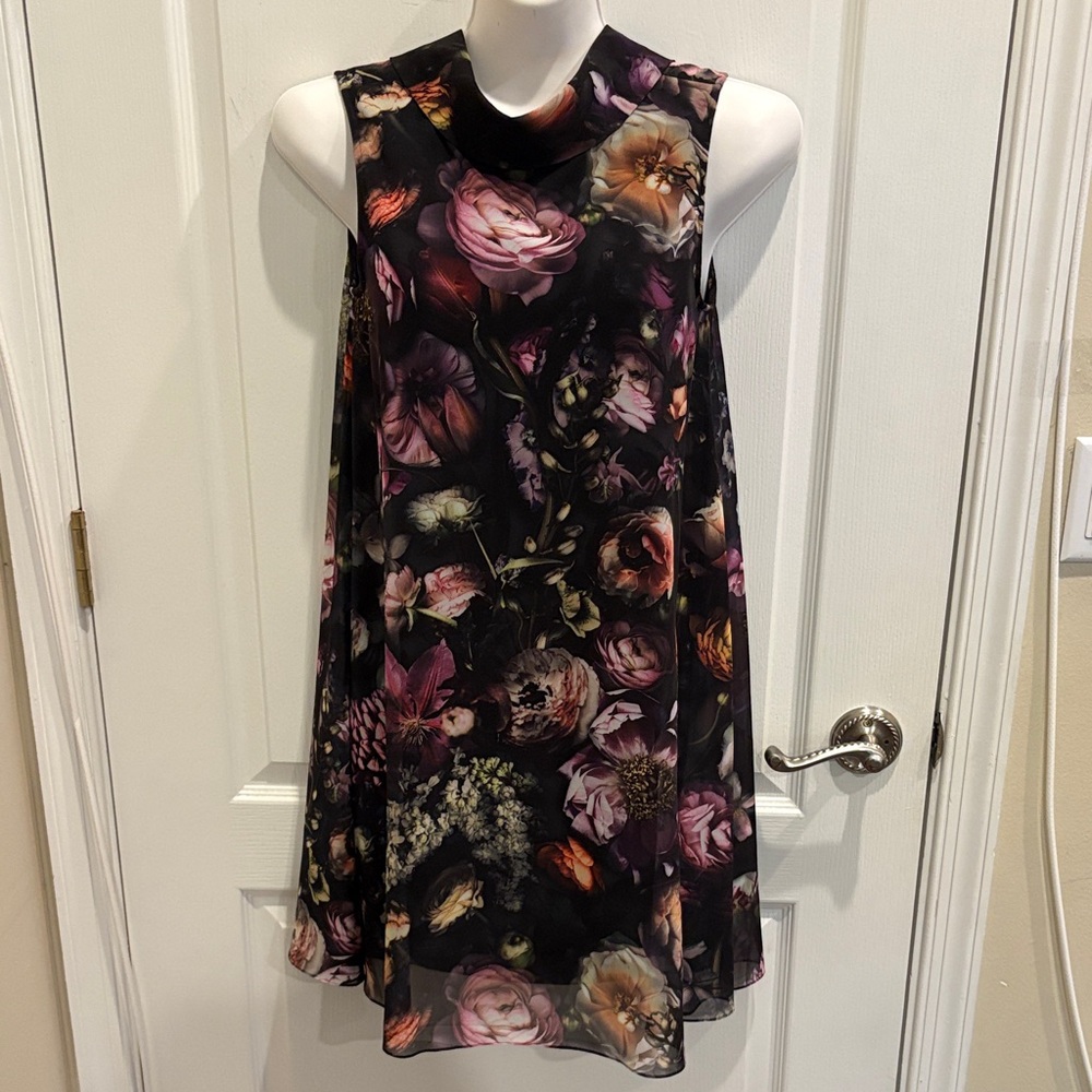 Ted Baker Dark Floral Mock Neck Dress with Pink & Purple Accents Size 1 (US4)